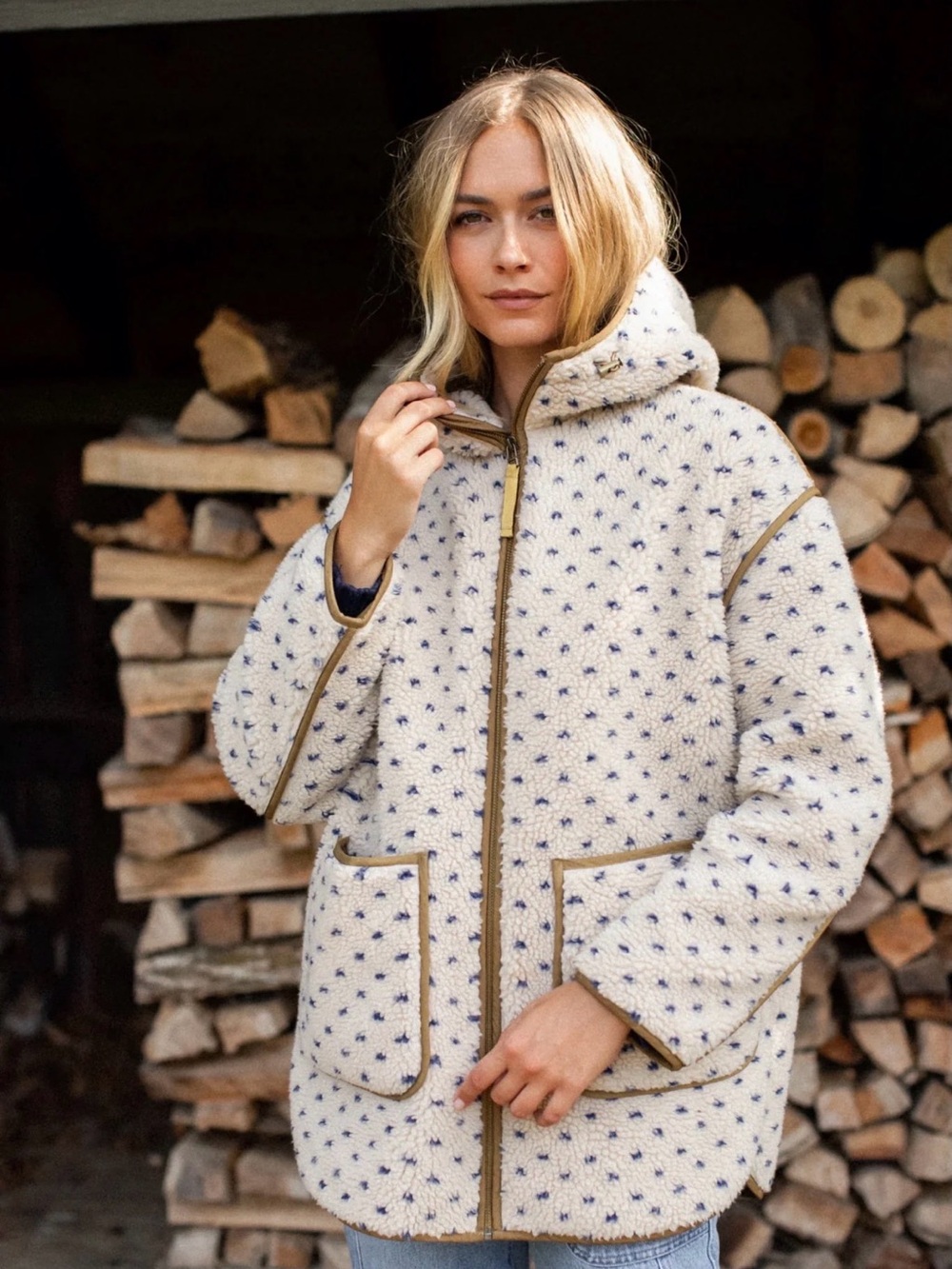 NWT Marea Hooded Sherpa Jacket - Ivory/Blue Birdseye